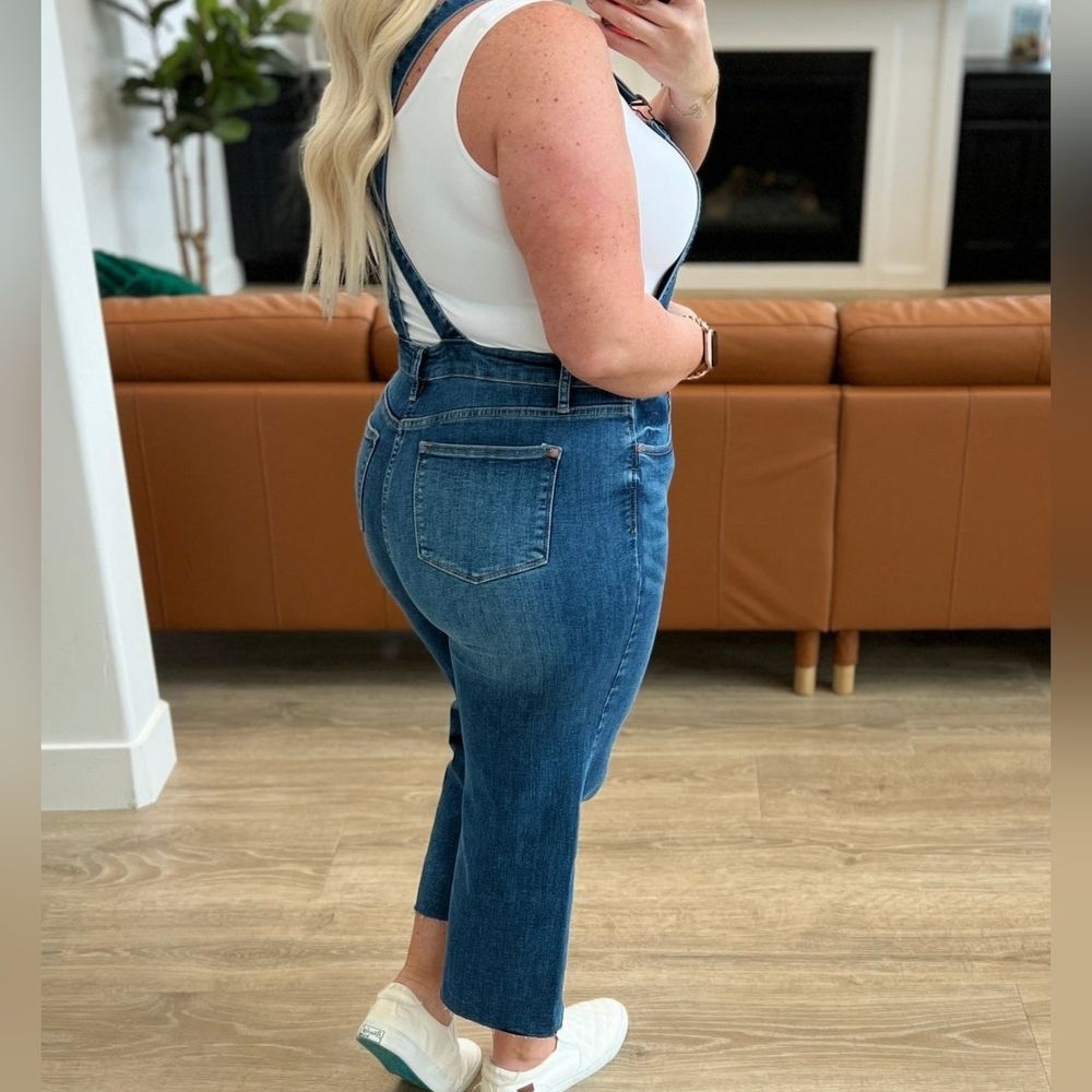 Judy Blue | Wide Leg Crop Denim Overalls Button Front, Womens 1XL - Picture 2 of 10